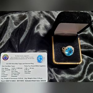 Sabastian-designed blue topaz/white sapphire ring with a silver band. 9.05 ct